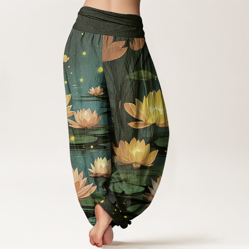 Pantalones harén con cintura elástica para mujer, con estampado de loto nocturno y Buddha Stones - image 9