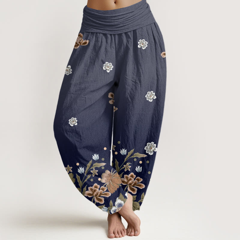 Pantalones harén de cintura elástica para mujer con estampado de flores y piedras de Buddha Stones - Marina de guerra - US22，UK/AU26，EU54 (6XL) - image 1