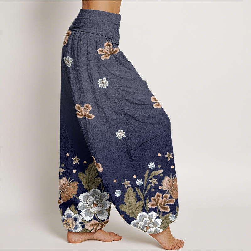 Pantalones harén de cintura elástica para mujer con estampado de flores y piedras de Buddha Stones - image 1