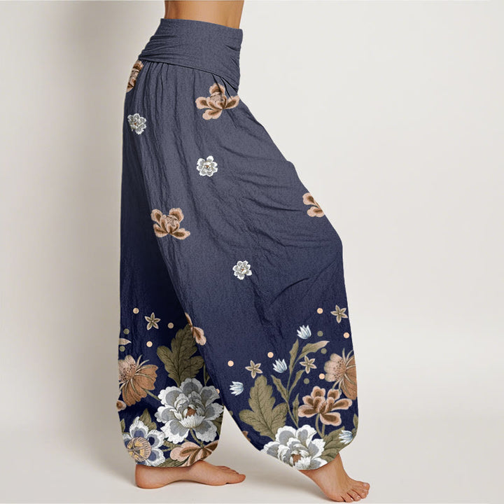 Pantalones harén de cintura elástica para mujer con estampado de flores y piedras de Buddha Stones - image 1