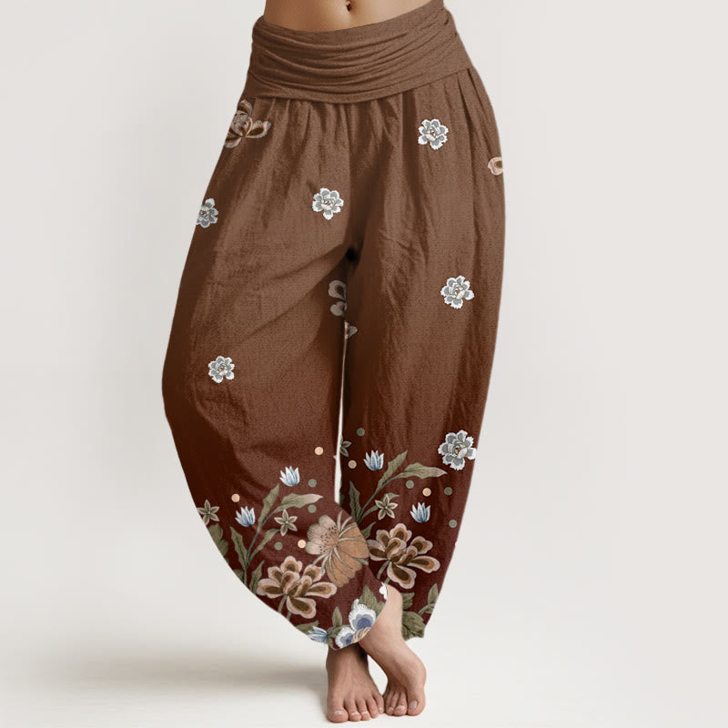 Pantalones harén de cintura elástica para mujer con estampado de flores y piedras de Buddha Stones - SaddleBrown - US22，UK/AU26，EU54 (6XL) - image 5