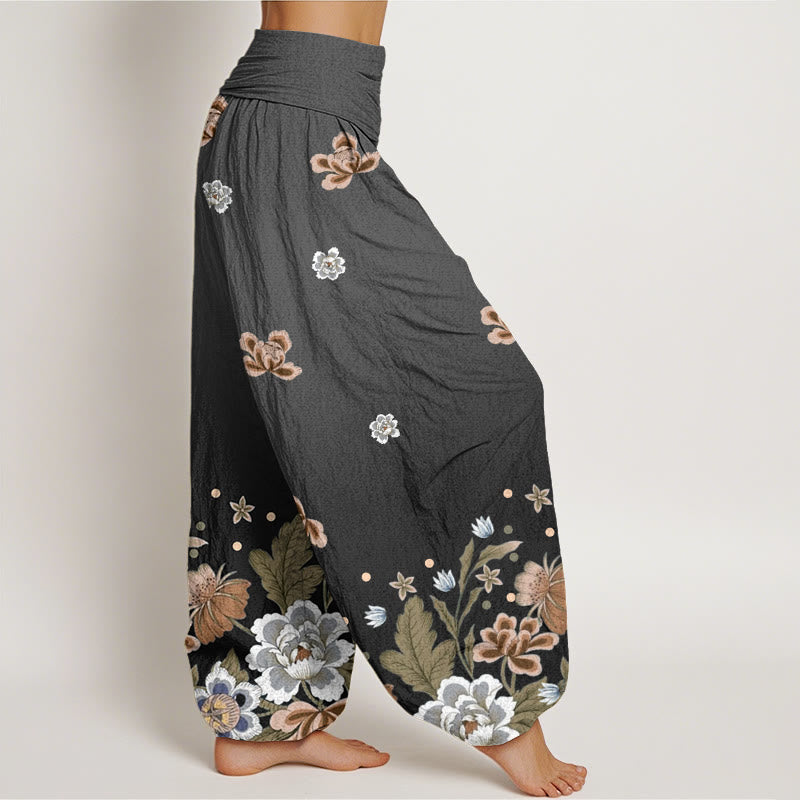 Pantalones harén de cintura elástica para mujer con estampado de flores y piedras de Buddha Stones - image 9