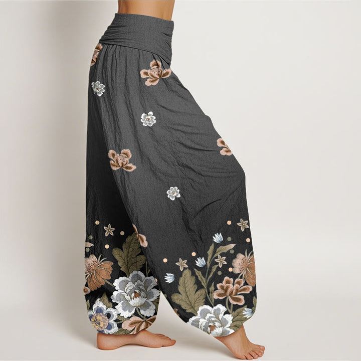 Pantalones harén de cintura elástica para mujer con estampado de flores y piedras de Buddha Stones - image 9