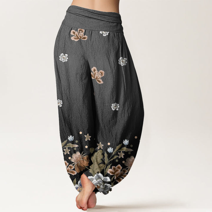 Pantalones harén de cintura elástica para mujer con estampado de flores y piedras de Buddha Stones - image 10