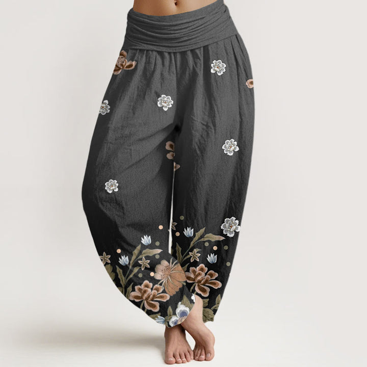 Pantalones harén de cintura elástica para mujer con estampado de flores y piedras de Buddha Stones - Negro - US22，UK/AU26，EU54 (6XL) - image 7