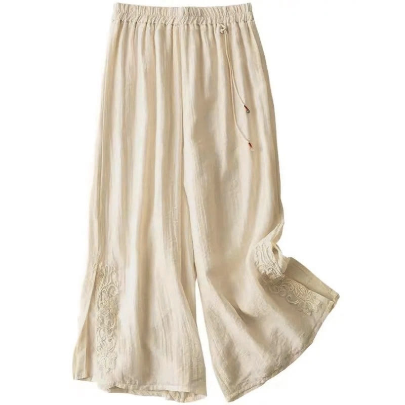 Pantalones anchos de lino y algodón con cordón para mujer, diseño retro informal con bordado de Buddha Stones y bolsillos - image 1