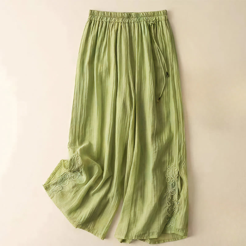 Pantalones anchos de lino y algodón con cordón para mujer, diseño retro informal con bordado de Buddha Stones y bolsillos - Verde claro - US12, UK/AU16, EU44 (3XL) - image 4