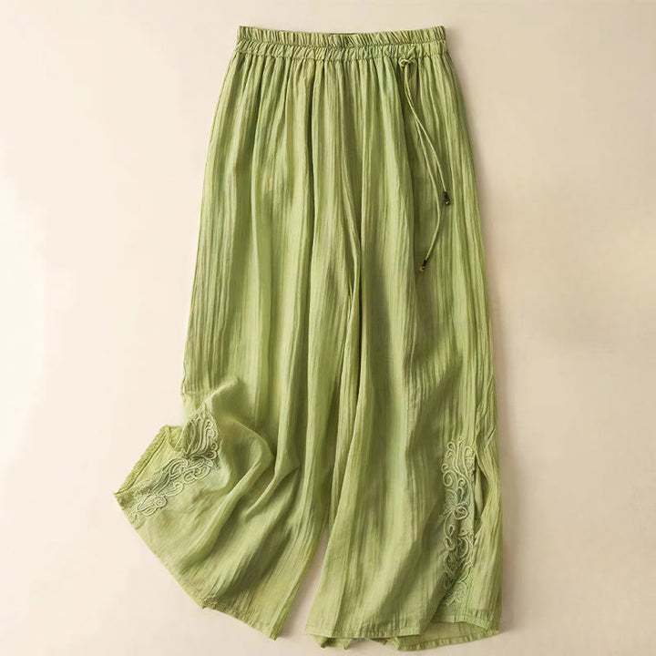 Pantalones anchos de lino y algodón con cordón para mujer, diseño retro informal con bordado de Buddha Stones y bolsillos - Verde claro - US12, UK/AU16, EU44 (3XL) - image 4