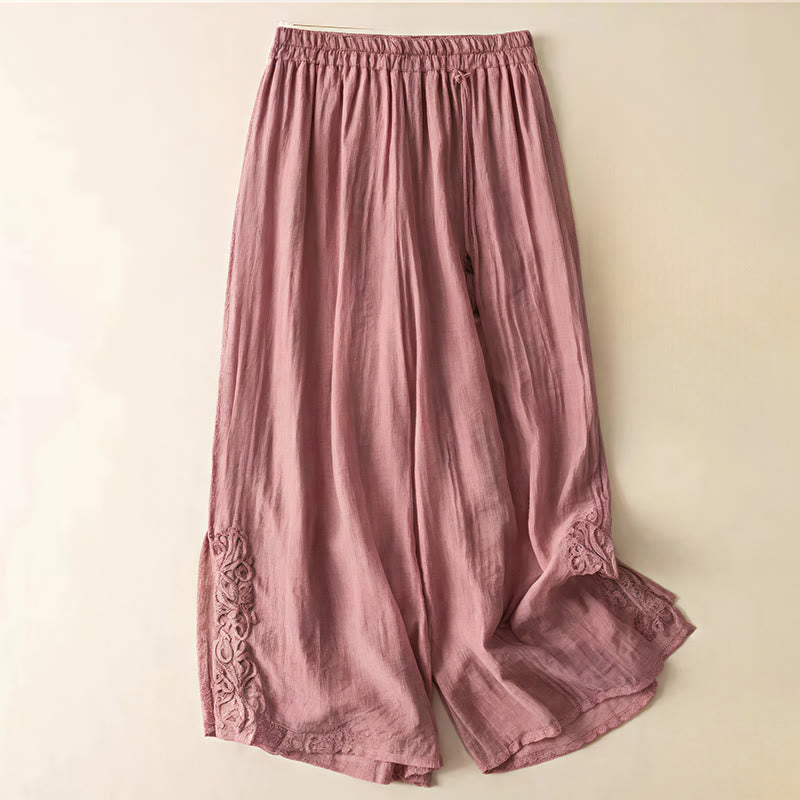Pantalones anchos de lino y algodón con cordón para mujer, diseño retro informal con bordado de Buddha Stones y bolsillos