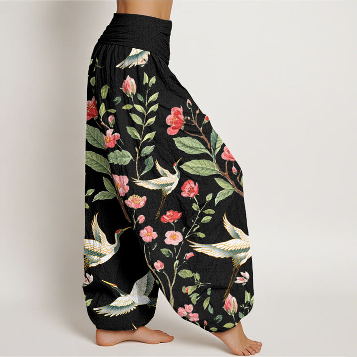 Pantalones harén con cintura elástica para mujer, informales, con estampado de grullas y flores rojas de Buddha Stones - image 1