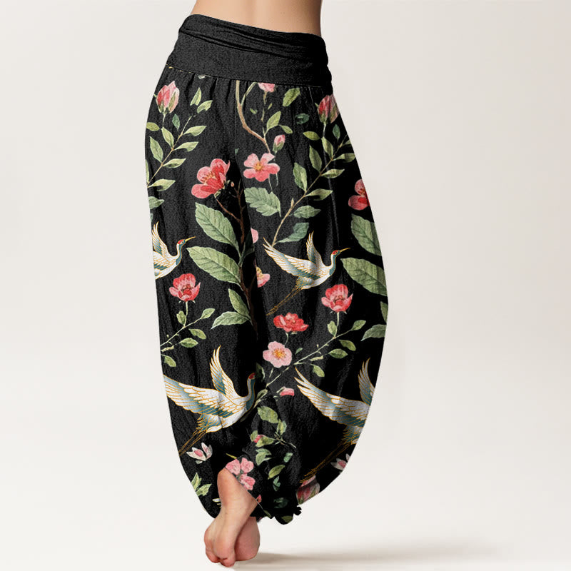 Pantalones bombachos de mujer con cintura elástica, estampado de flores rojas y grullas, de algodón, estilo casual, con Buddha Stones. - image 2
