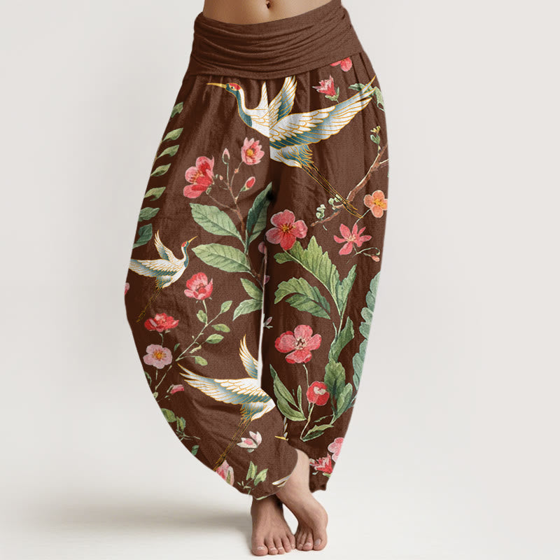 Pantalones harén con cintura elástica para mujer, informales, con estampado de grullas y flores rojas de Buddha Stones - SaddleBrown - US22，UK/AU26，EU54 (6XL) - image 4