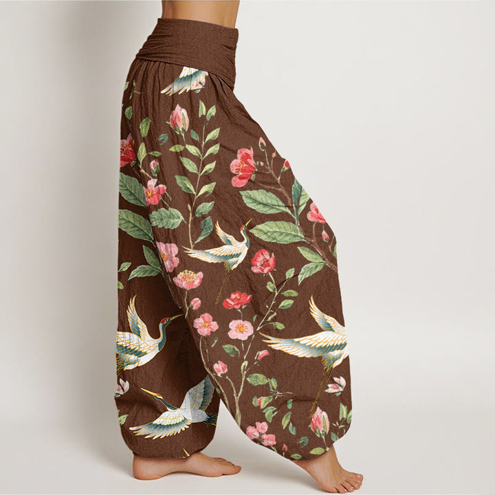Pantalones harén con cintura elástica para mujer, informales, con estampado de grullas y flores rojas de Buddha Stones - image 6