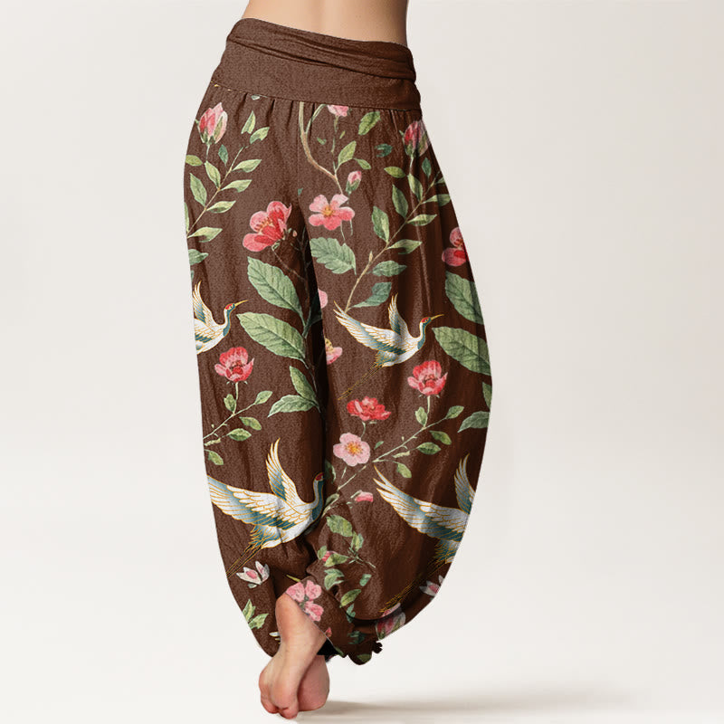 Pantalones harén con cintura elástica para mujer, informales, con estampado de grullas y flores rojas de Buddha Stones - image 7