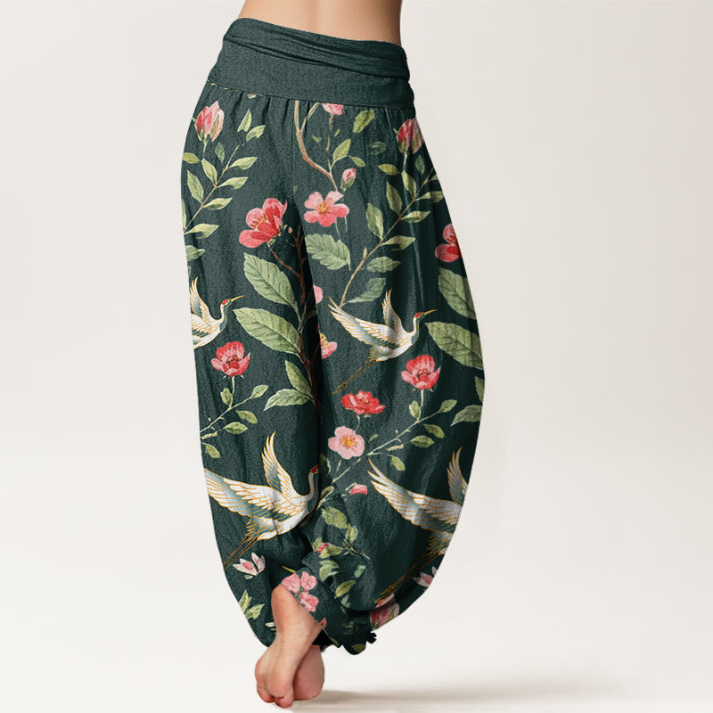 Pantalones harén con cintura elástica para mujer, informales, con estampado de grullas y flores rojas de Buddha Stones - image 9