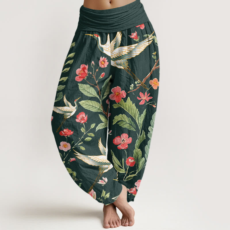 Pantalones harén con cintura elástica para mujer, informales, con estampado de grullas y flores rojas de Buddha Stones - Verde oscuro - US22，UK/AU26，EU54 (6XL) - image 7