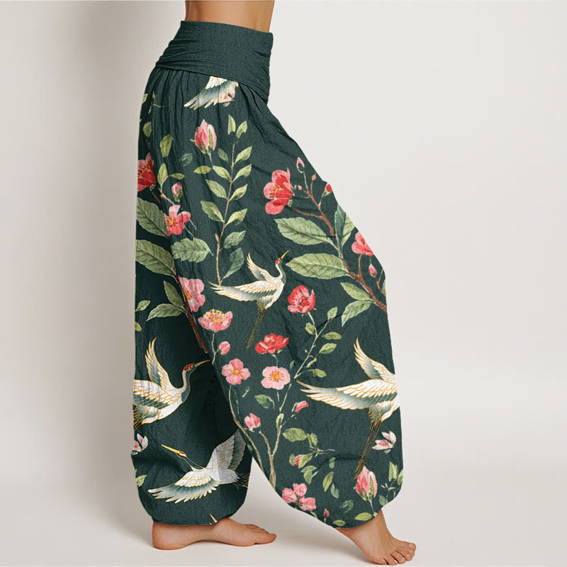 Pantalones harén con cintura elástica para mujer, informales, con estampado de grullas y flores rojas de Buddha Stones - image 8