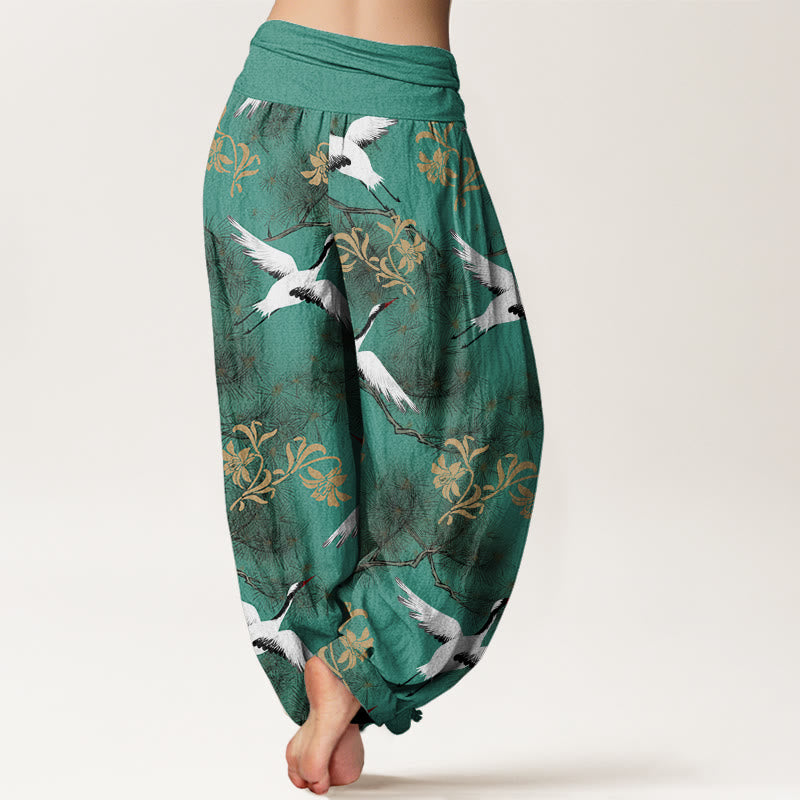 Pantalones harén de cintura elástica para mujer con estampado de grulla de corona roja y pino con piedras de Buddha Stones - image 3