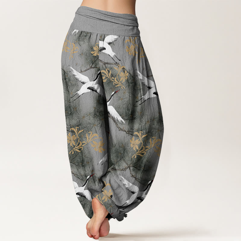 Pantalones harén de cintura elástica para mujer con estampado de grulla de corona roja y pino con piedras de Buddha Stones - image 9