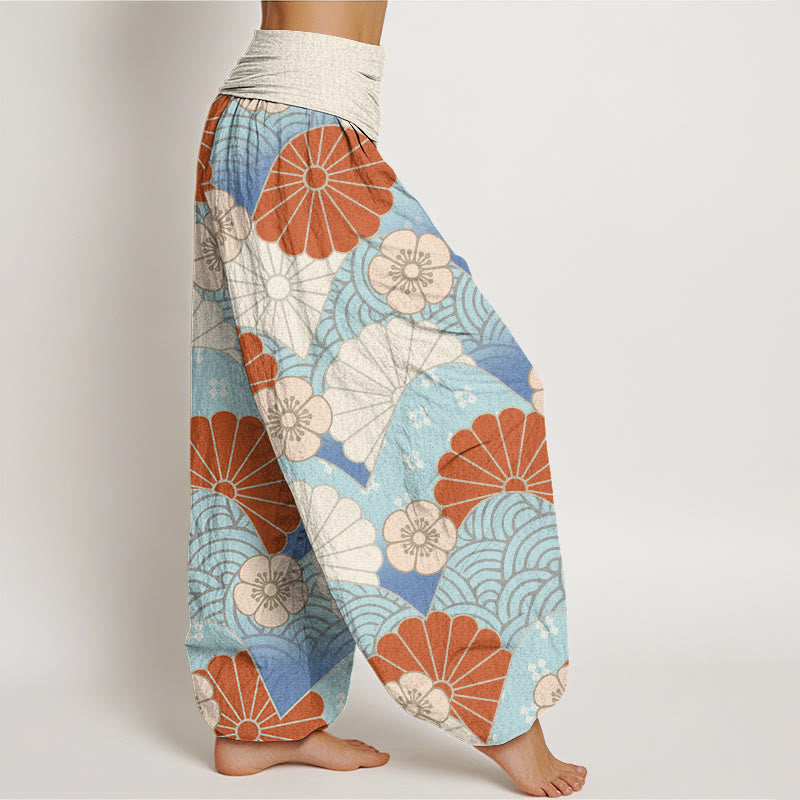 Pantalones harén informales con estampado abstracto de pétalos y ondas de Buddha Stones para mujer, con cintura elástica - image 1