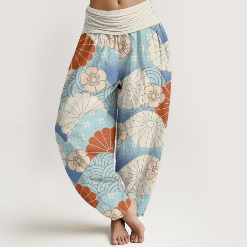 Pantalones harén informales con estampado abstracto de pétalos y ondas de Buddha Stones para mujer, con cintura elástica - Blanco floral - US22，UK/AU26，EU54 (6XL) - image 0