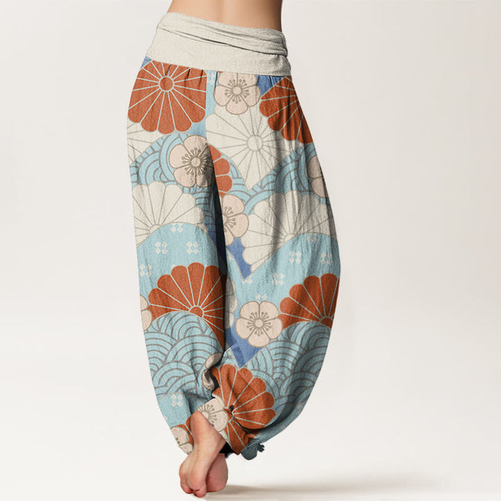 Pantalones harén informales con estampado abstracto de pétalos y ondas de Buddha Stones para mujer, con cintura elástica - image 3