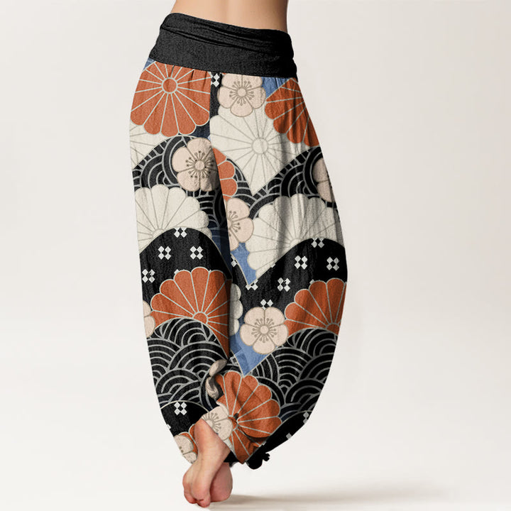 Pantalones harén informales con estampado abstracto de pétalos y ondas de Buddha Stones para mujer, con cintura elástica - image 9