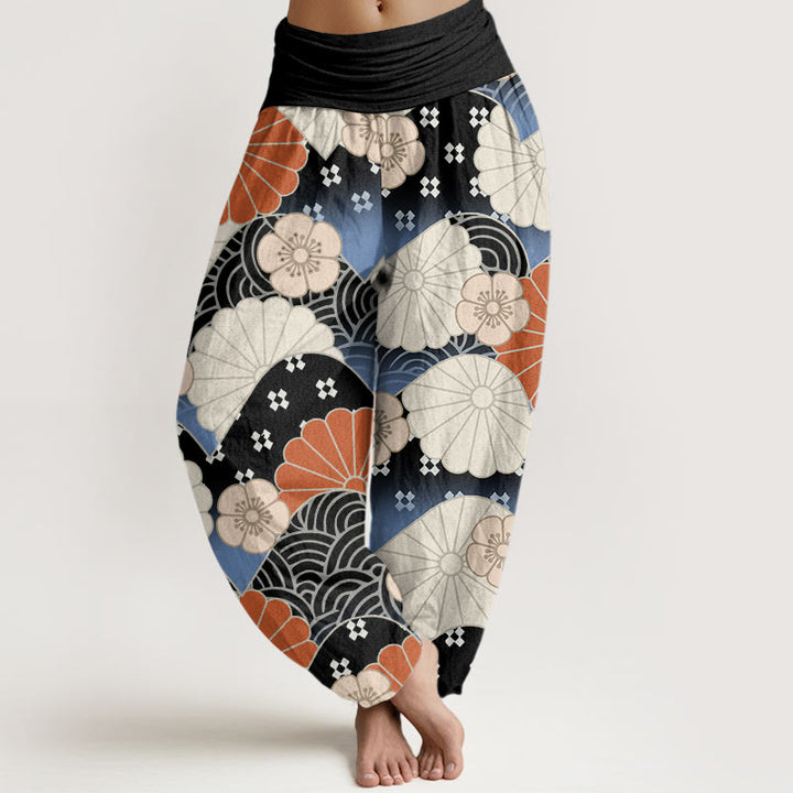 Pantalones harén informales con estampado abstracto de pétalos y ondas de Buddha Stones para mujer, con cintura elástica - Negro - US22，UK/AU26，EU54 (6XL) - image 8