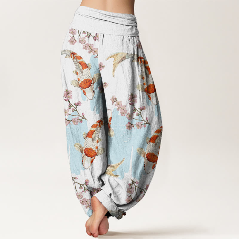 Pantalones harén con cintura elástica para mujer, con estampado de flores de cerezo y peces koi, estilo casual, de Buddha Stones - image 3
