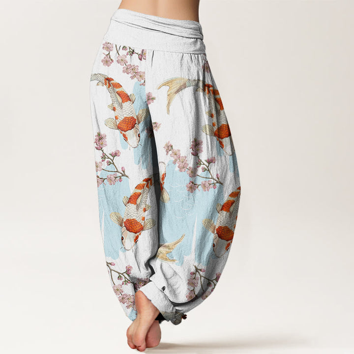 Pantalones harén con cintura elástica para mujer, con estampado de flores de cerezo y peces koi, estilo casual, de Buddha Stones - image 3