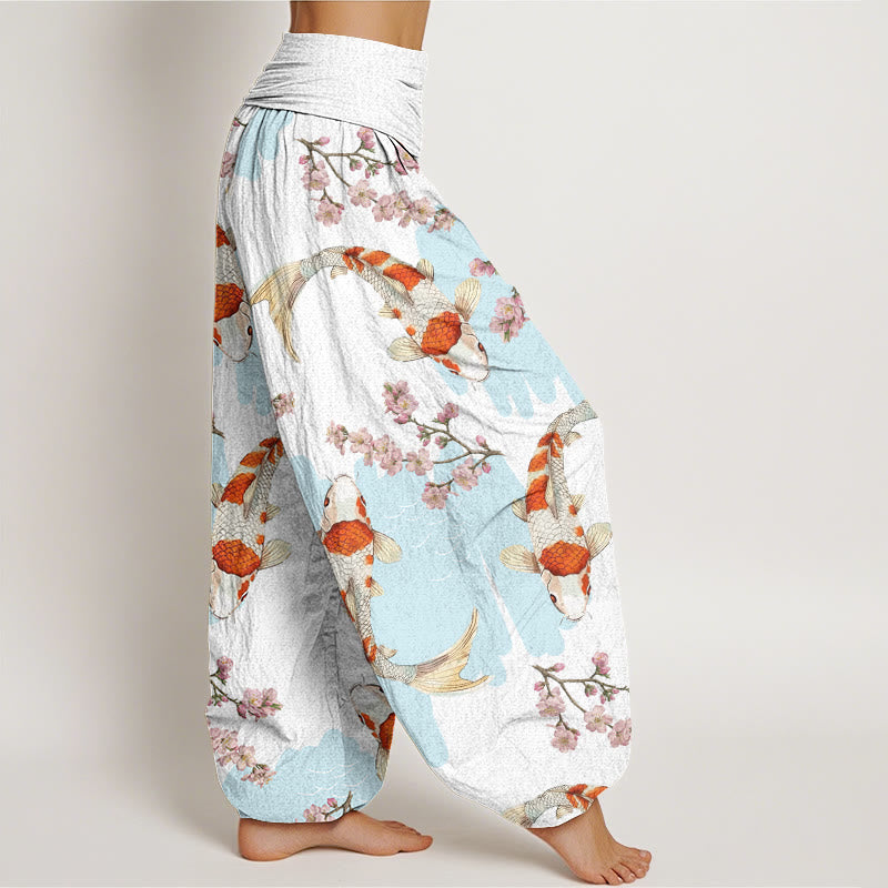 Pantalones harén con cintura elástica para mujer, con estampado de flores de cerezo y peces koi, estilo casual, de Buddha Stones - image 1