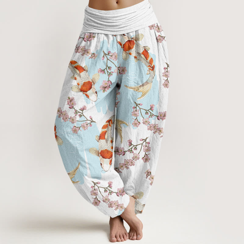 Pantalones harén con cintura elástica para mujer, con estampado de flores de cerezo y peces koi, estilo casual, de Buddha Stones - Blanco - US22，UK/AU26，EU54 (6XL) - image 0