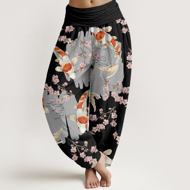 Pantalones harén con cintura elástica para mujer, con estampado de flores de cerezo y peces koi, estilo casual, de Buddha Stones - Negro - US22，UK/AU26，EU54 (6XL) - image 5