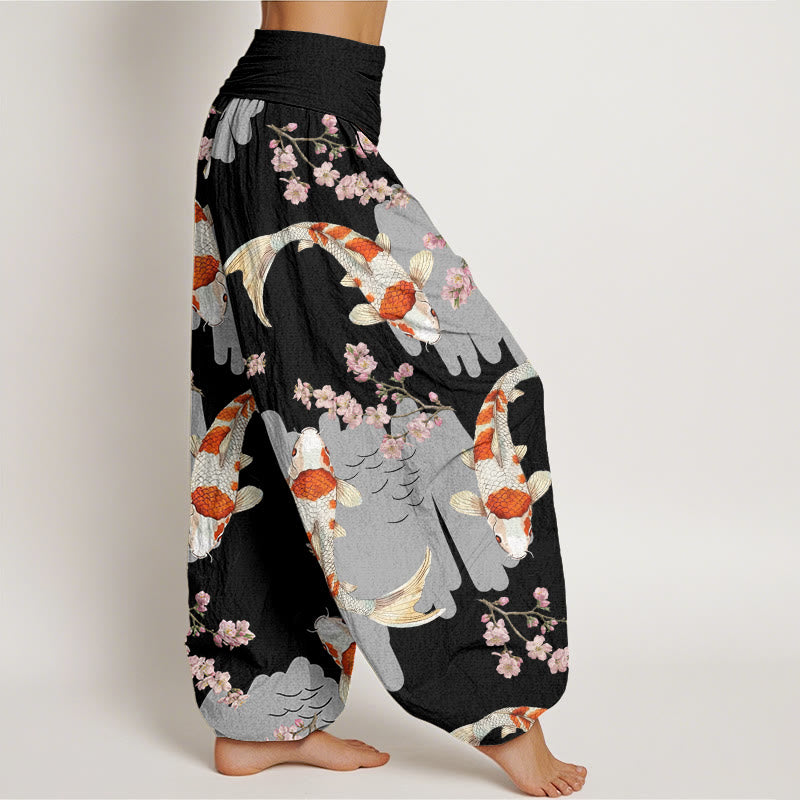 Pantalones harén con cintura elástica para mujer, con estampado de flores de cerezo y peces koi, estilo casual, de Buddha Stones - image 5
