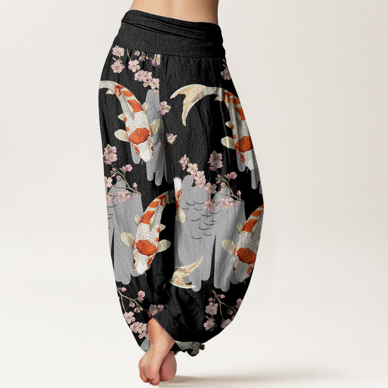 Pantalones harén con cintura elástica para mujer, con estampado de flores de cerezo y peces koi, estilo casual, de Buddha Stones - image 6