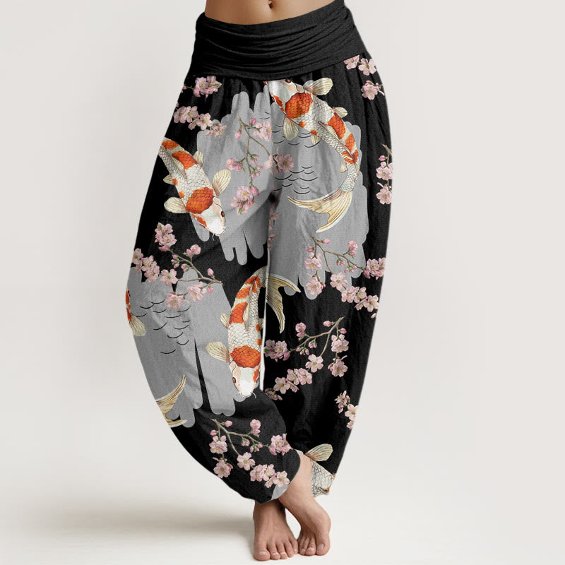 Pantalones harén con cintura elástica para mujer, con estampado de flores de cerezo y peces koi, estilo casual, de Buddha Stones - Negro - US22，UK/AU26，EU54 (6XL) - image 4
