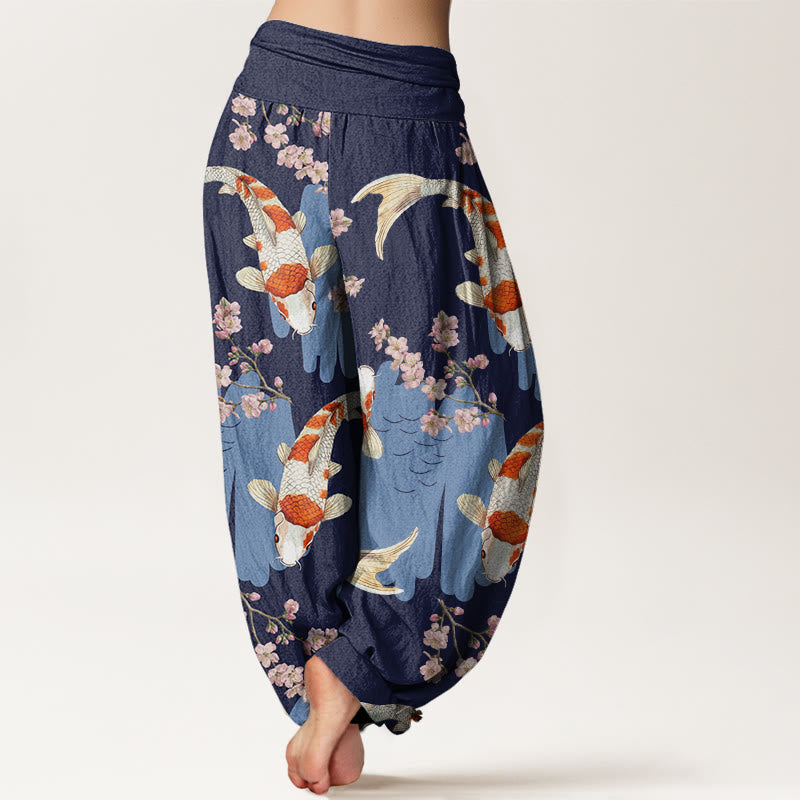 Pantalones harén con cintura elástica para mujer, con estampado de flores de cerezo y peces koi, estilo casual, de Buddha Stones - image 10