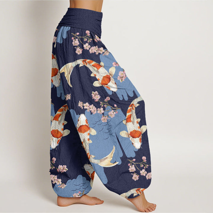 Pantalones harén con cintura elástica para mujer, con estampado de flores de cerezo y peces koi, estilo casual, de Buddha Stones - image 9