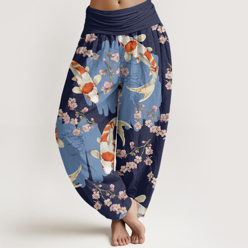 Pantalones harén con cintura elástica para mujer, con estampado de flores de cerezo y peces koi, estilo casual, de Buddha Stones - Azul medianoche - US22，UK/AU26，EU54 (6XL) - image 7