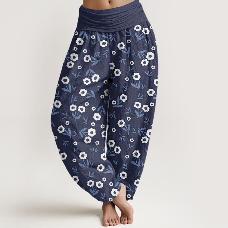 Pantalones harén de cintura elástica para mujer con estampado de flores y hojas sencillas e informales de Buddha Stones - Azul oscuro - US22，UK/AU26，EU54 (6XL) - image 4