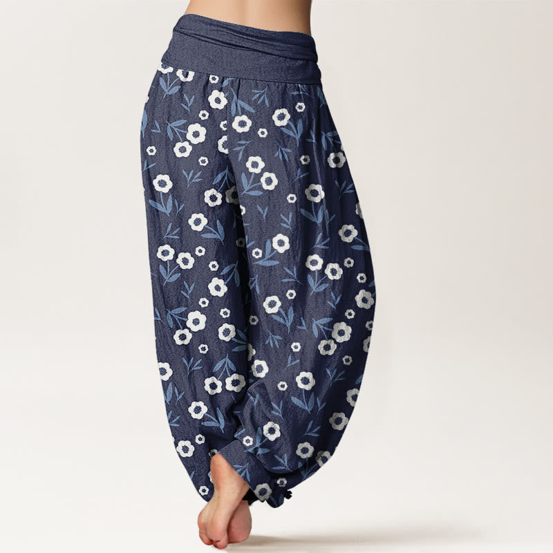 Pantalones harén de cintura elástica para mujer con estampado de flores y hojas sencillas e informales de Buddha Stones - image 5
