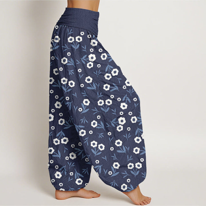 Pantalones harén de cintura elástica para mujer con estampado de flores y hojas sencillas e informales de Buddha Stones - image 7