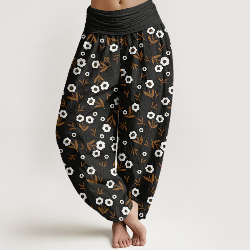 Pantalones harén de cintura elástica para mujer con estampado de flores y hojas sencillas e informales de Buddha Stones - Negro - US22，UK/AU26，EU54 (6XL) - image 7