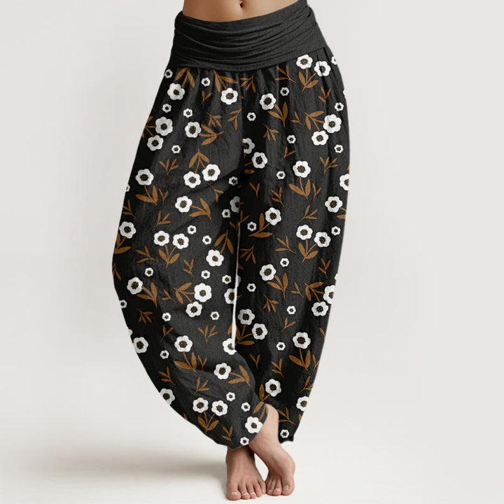 Pantalones harén de cintura elástica para mujer con estampado de flores y hojas sencillas e informales de Buddha Stones - Negro - US22，UK/AU26，EU54 (6XL) - image 7