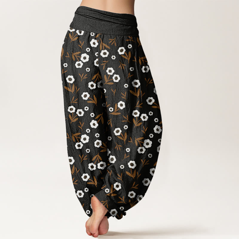 Pantalones harén de cintura elástica para mujer con estampado de flores y hojas sencillas e informales de Buddha Stones - image 9