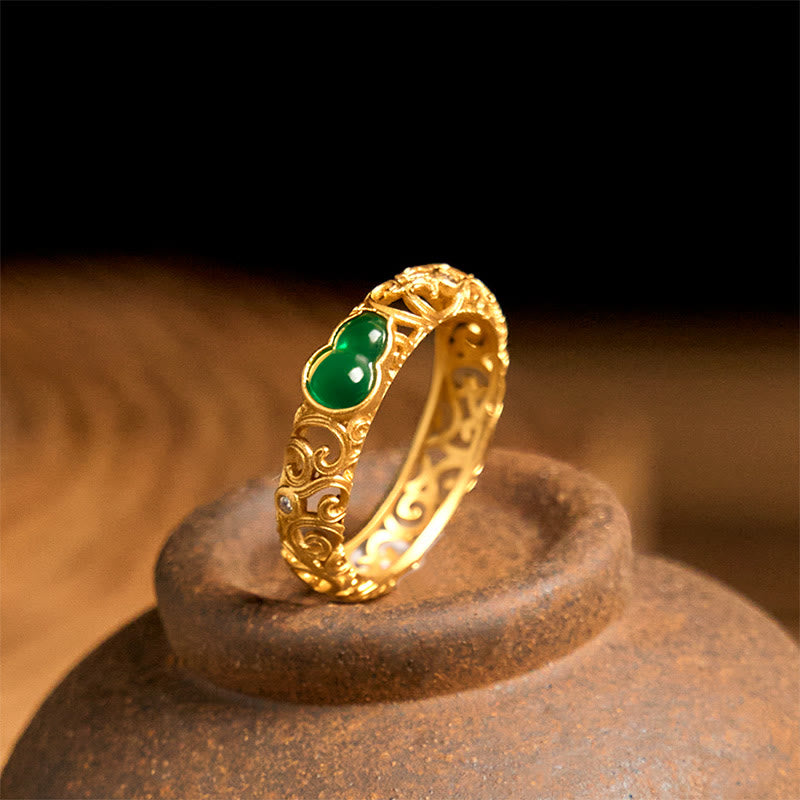 Anillo de riqueza de aleación de cobre y calcedonia verde con calabaza vintage y Buddha Stones - US8 - image 1