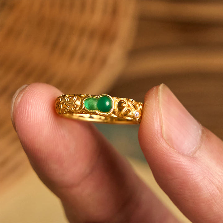 Anillo de riqueza de aleación de cobre y calcedonia verde con calabaza vintage y Buddha Stones - image 10