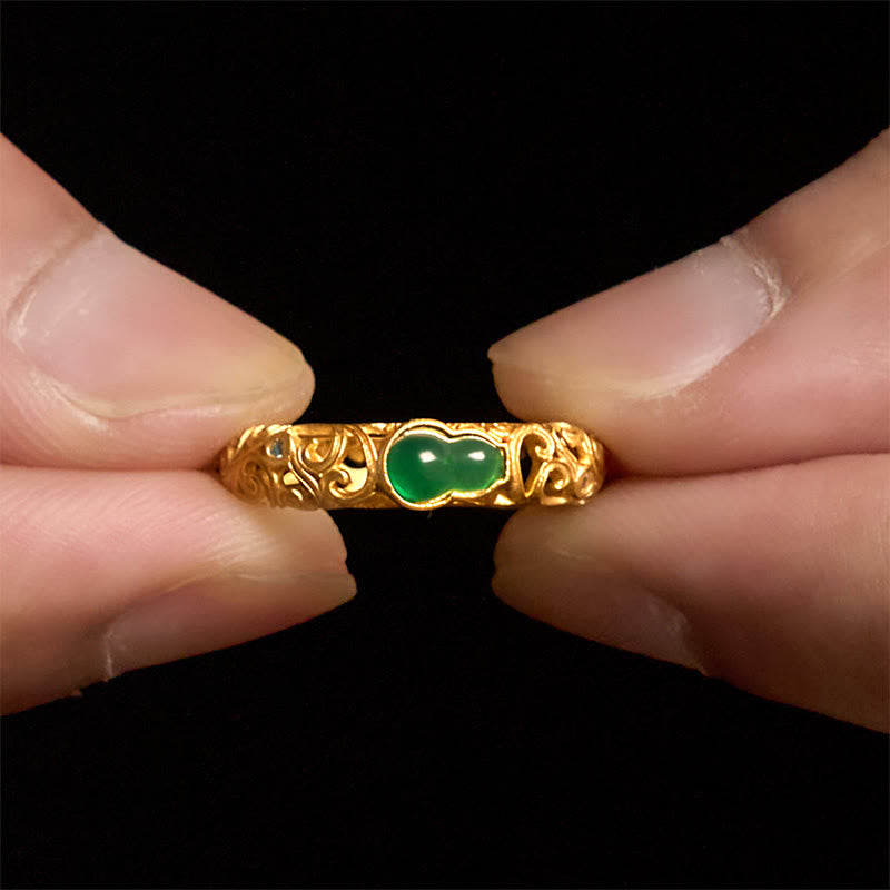 Anillo de riqueza de aleación de cobre y calcedonia verde con calabaza vintage y Buddha Stones - image 5