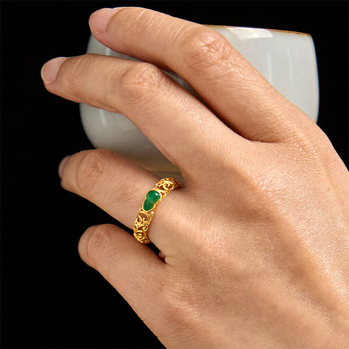 Anillo de riqueza de aleación de cobre y calcedonia verde con calabaza vintage y Buddha Stones - image 16