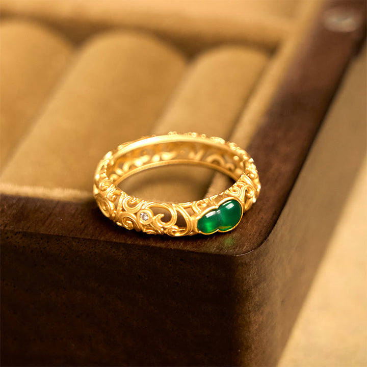 Anillo de riqueza de aleación de cobre y calcedonia verde con calabaza vintage y Buddha Stones - image 3